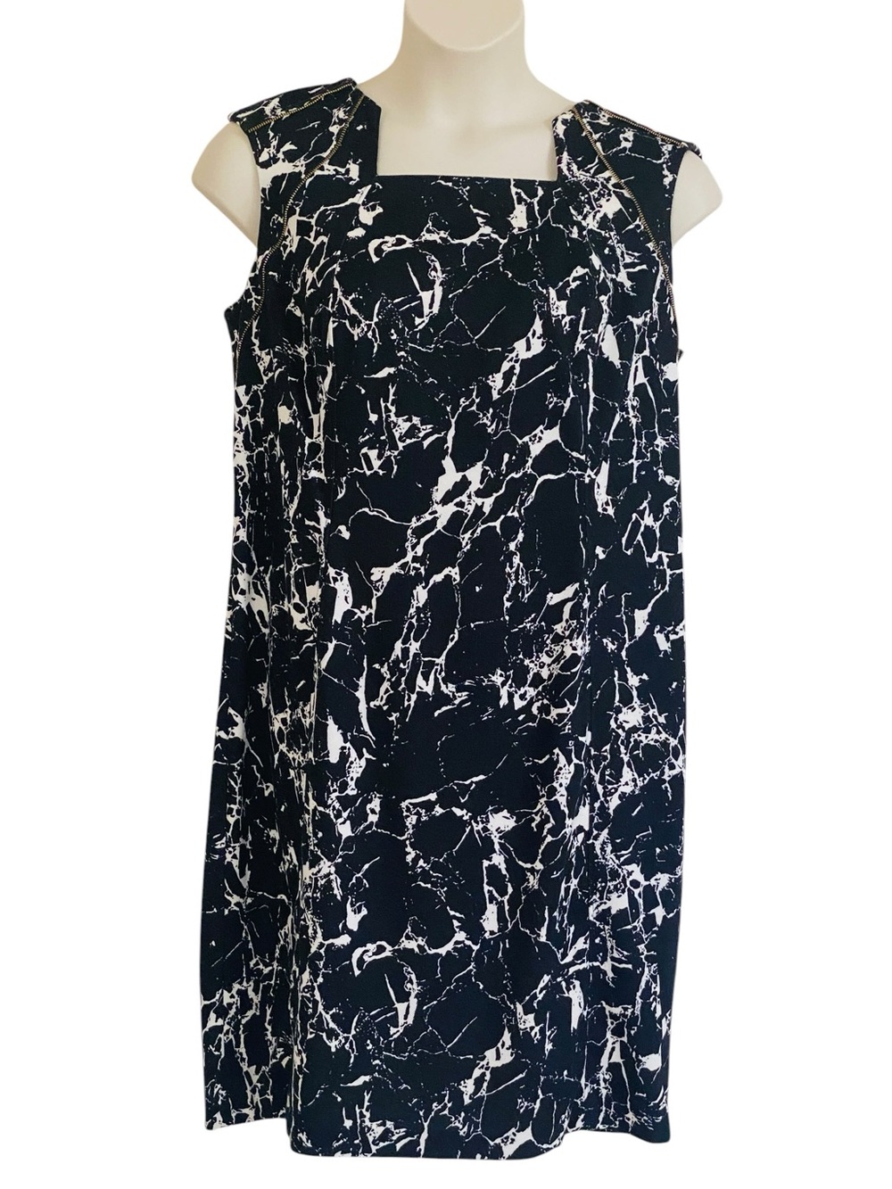 Calvin Klein Black White Marble Print Sleeveless Sheath Dress Sz 14W NWT